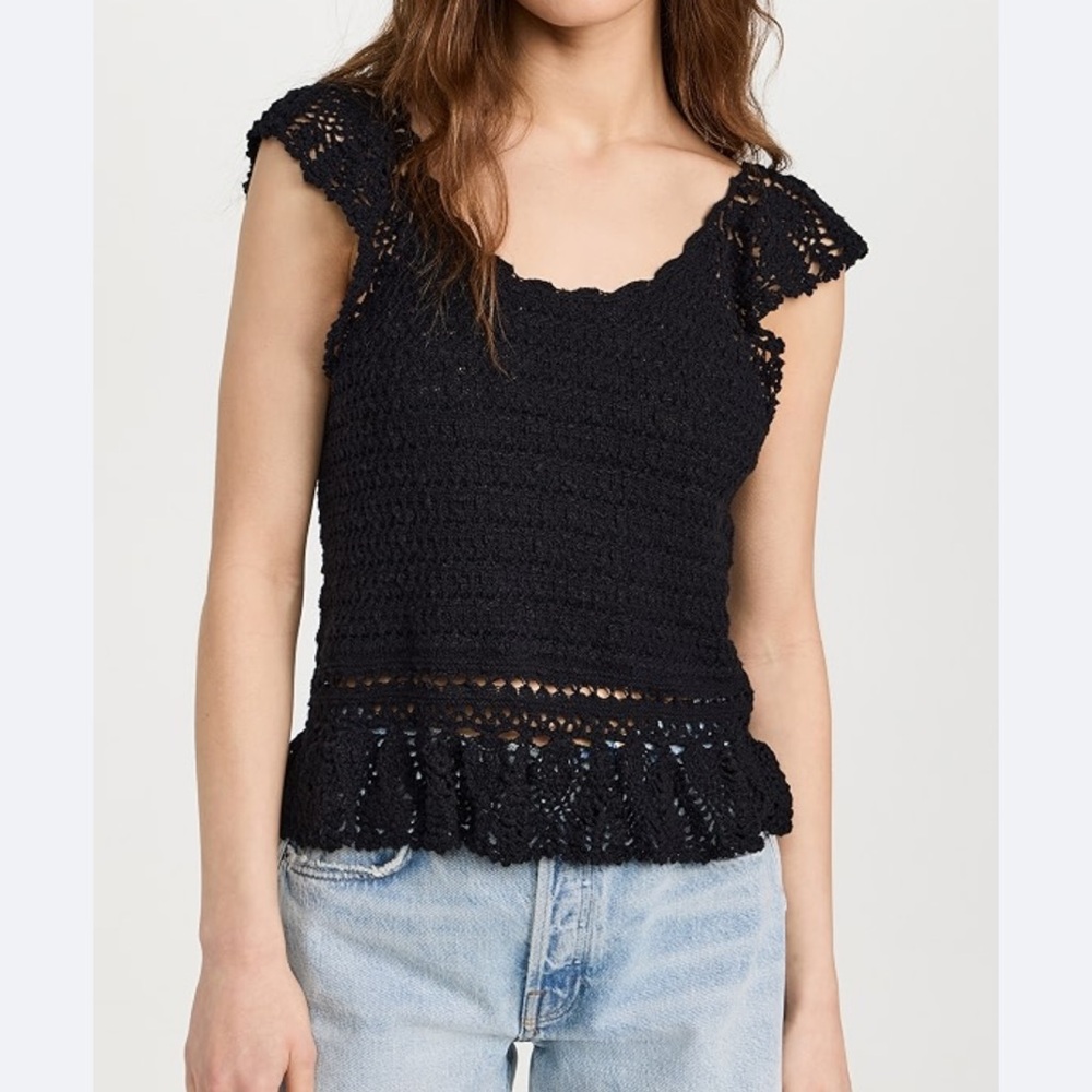 NWT Rails Hattie Crochet Knit Top Black Sleeveless Tank Peplum Ruffle Boho Small